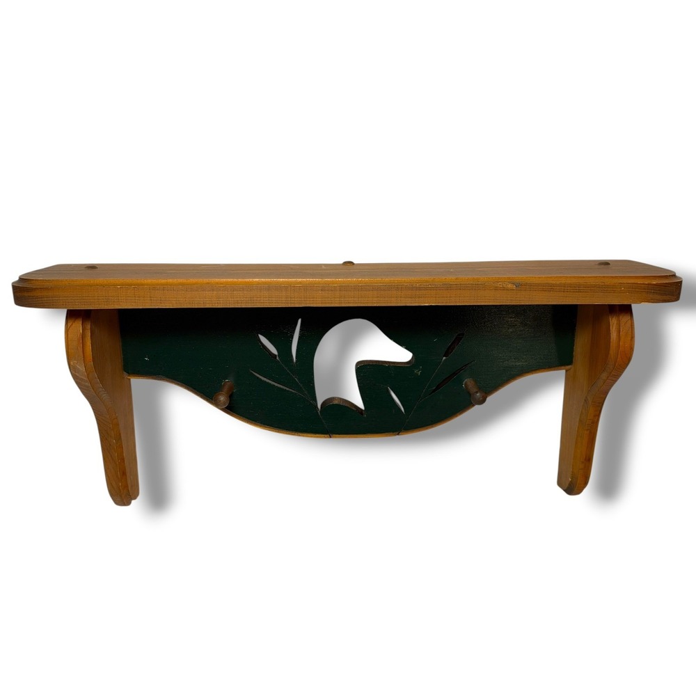 Vintage Wooden Wall Dark Green Shelf Duck Goose Folk Art 2 Peg Cabin Decor VTG
